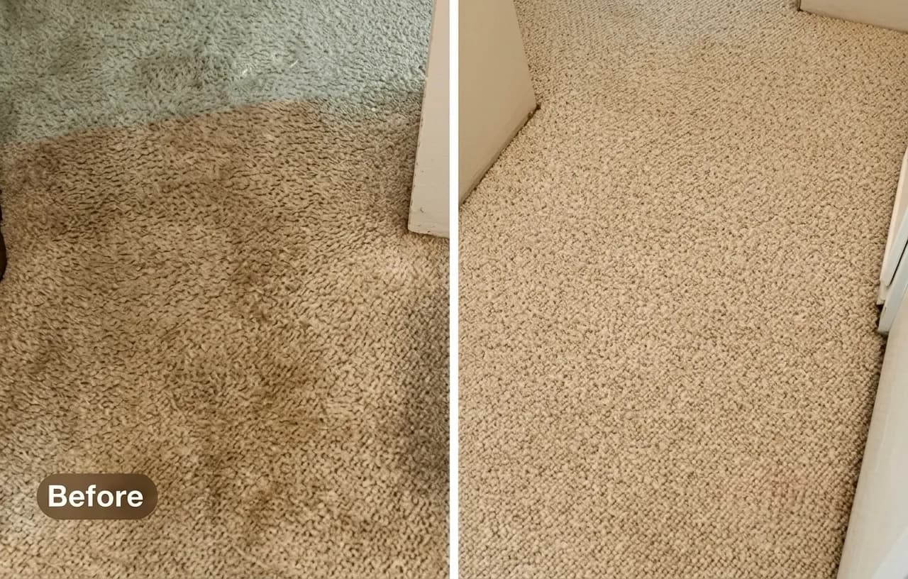 Before-and-after of beige carpet showing the difference a professional clean makes
