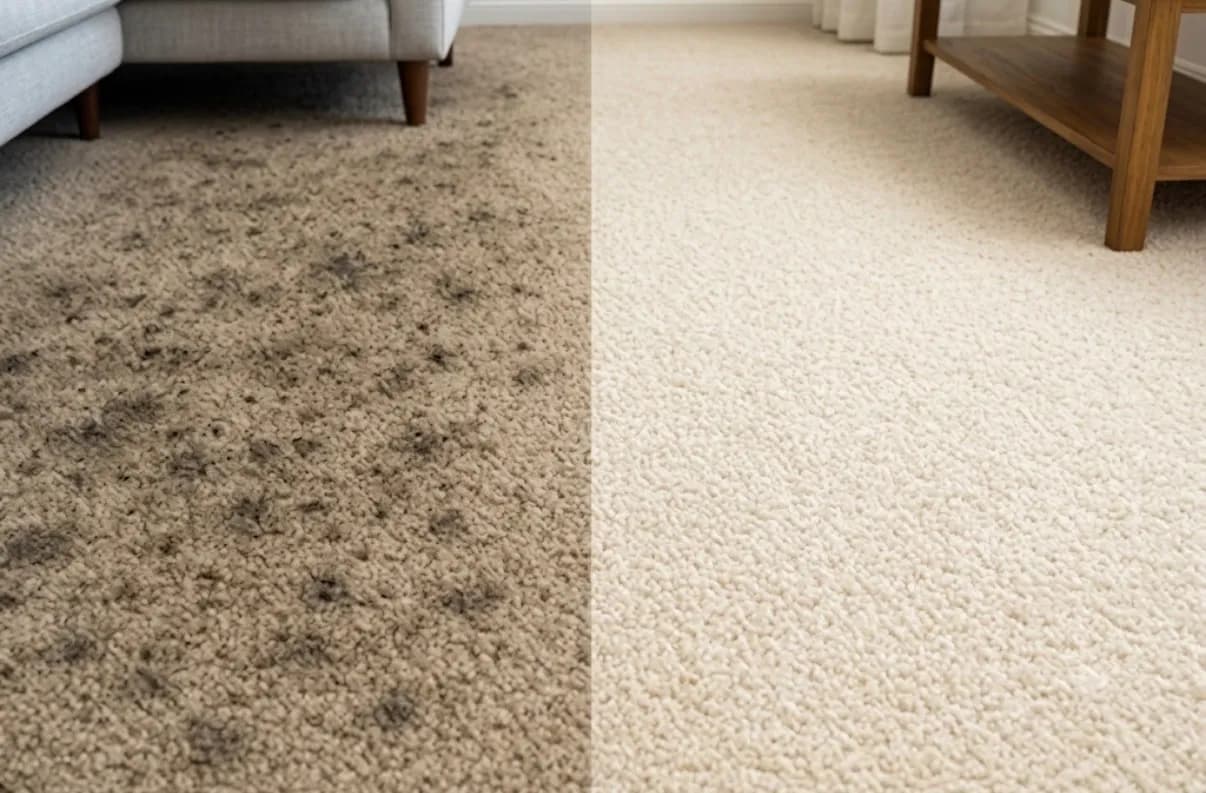 Dramatic before-and-after of heavily soiled carpet restored after cleaning