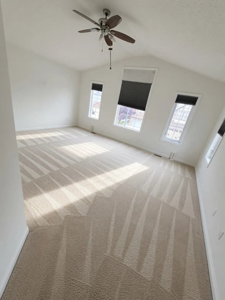 Empty vaulted-ceiling bedroom with freshly steam-cleaned beige carpet showing clean extraction lines